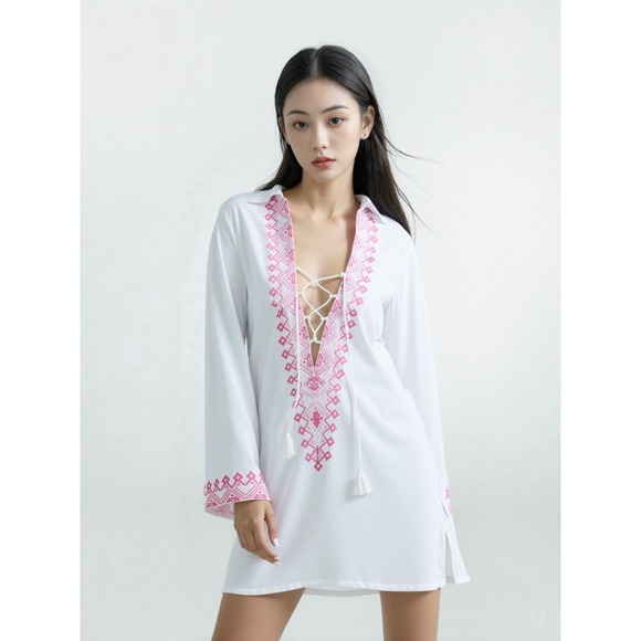 Melissa Odabash Dora  Dress Cover Up Sz S White/Hot Pink Mini Kaftan Embroidered - Picture 1 of 10